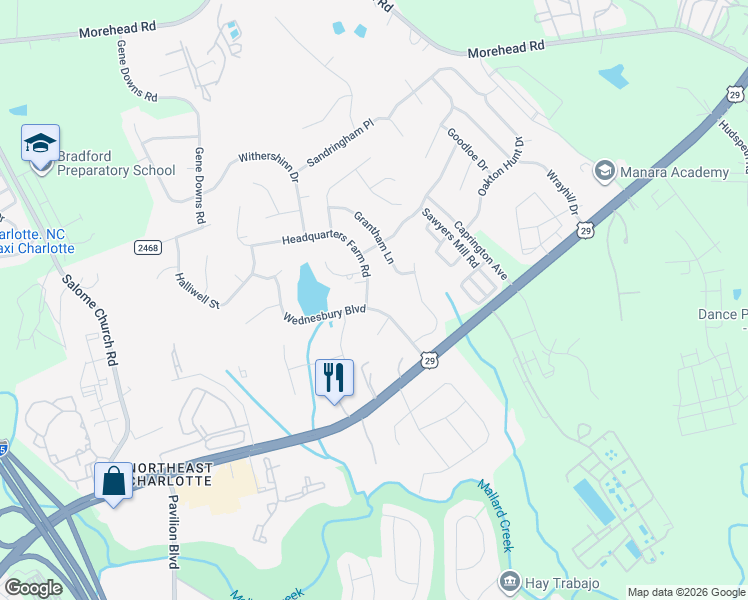 map of restaurants, bars, coffee shops, grocery stores, and more near 340 Wednesbury Boulevard in Charlotte