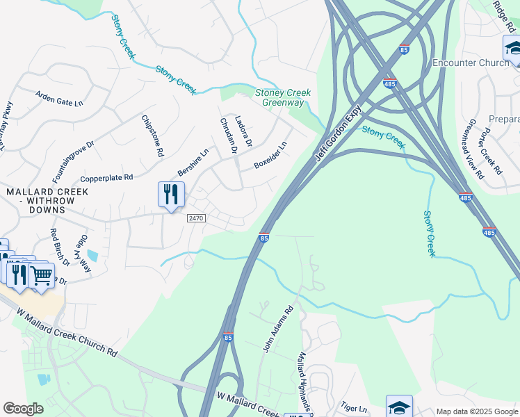 map of restaurants, bars, coffee shops, grocery stores, and more near 11105 Amur Court in Charlotte