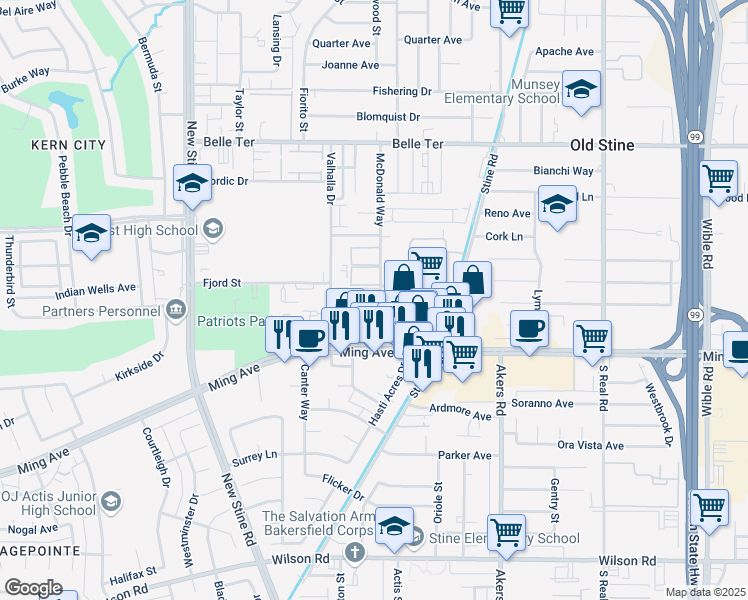 map of restaurants, bars, coffee shops, grocery stores, and more near 1415 McDonald Way in Bakersfield