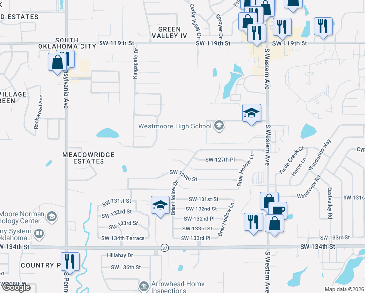 map of restaurants, bars, coffee shops, grocery stores, and more near 1221 Southwest 126th Street in Oklahoma City