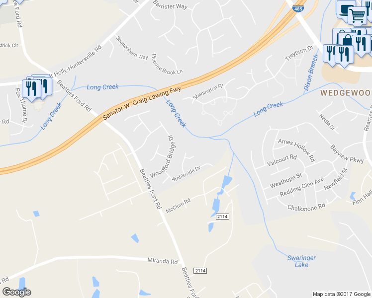 map of restaurants, bars, coffee shops, grocery stores, and more near 8437 Cullingford Lane in Charlotte