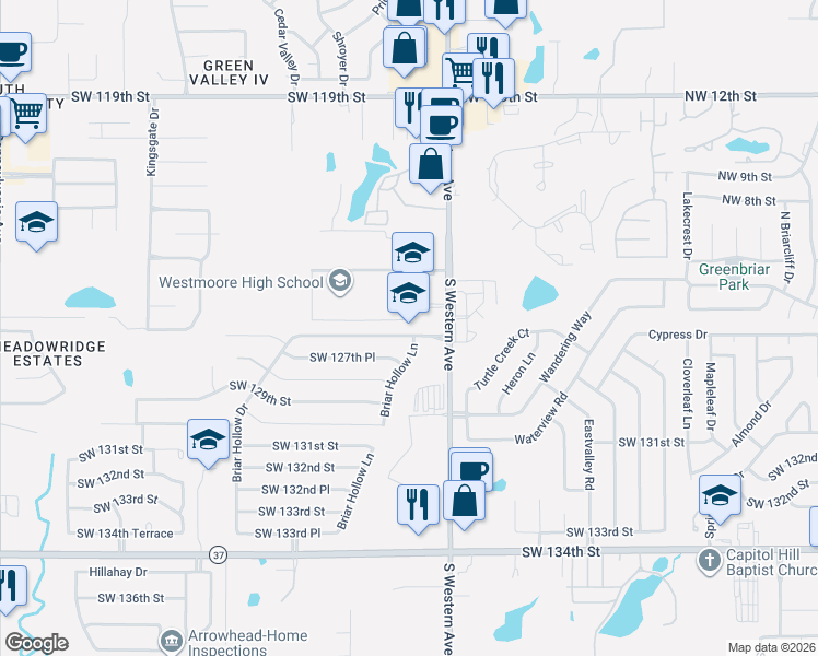 map of restaurants, bars, coffee shops, grocery stores, and more near 1001 Southwest 126th Street in Oklahoma City