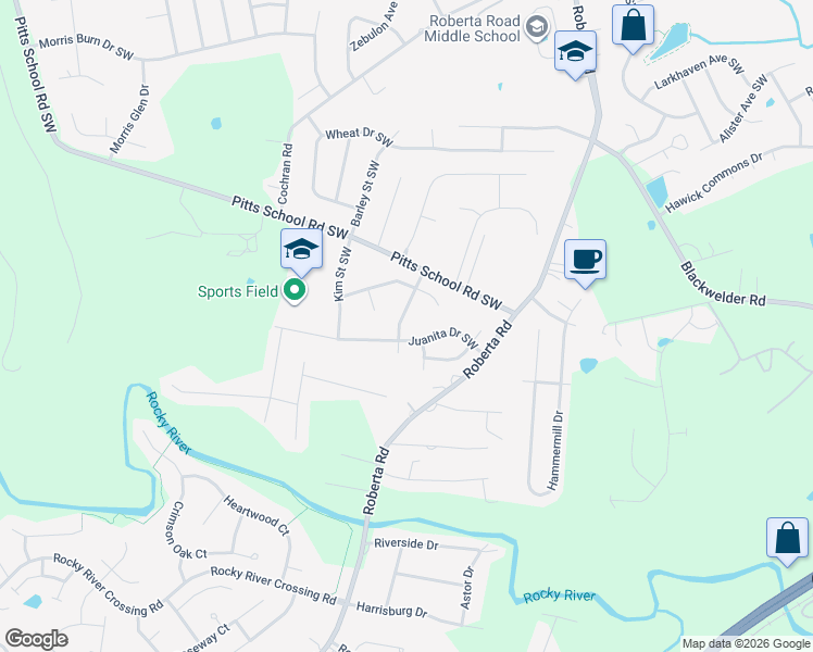 map of restaurants, bars, coffee shops, grocery stores, and more near 5335 Jeff Yates Street Southwest in Concord