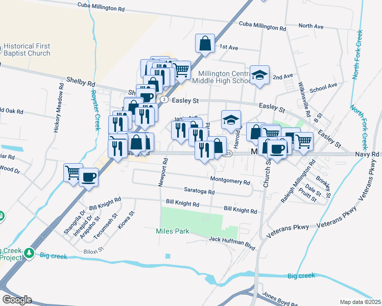 map of restaurants, bars, coffee shops, grocery stores, and more near 4782 Navy Road in Millington