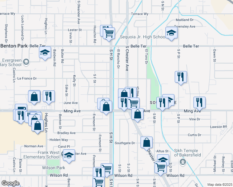 map of restaurants, bars, coffee shops, grocery stores, and more near 1421 El Rancho Drive in Bakersfield