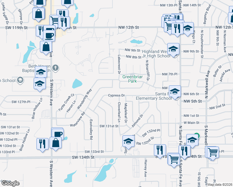 map of restaurants, bars, coffee shops, grocery stores, and more near 421 Cypress Dr in Oklahoma City