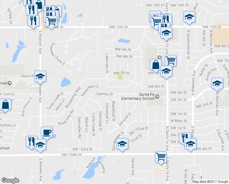 map of restaurants, bars, coffee shops, grocery stores, and more near 329 Cypress Drive in Oklahoma City