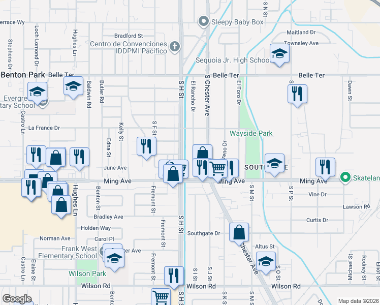 map of restaurants, bars, coffee shops, grocery stores, and more near 1417 El Rancho Drive in Bakersfield