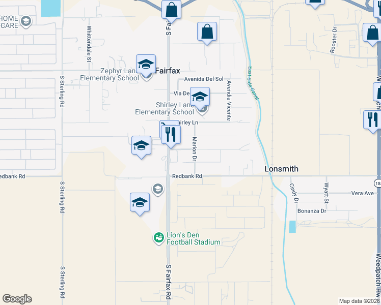 map of restaurants, bars, coffee shops, grocery stores, and more near 4825 Mayfair Court in Bakersfield
