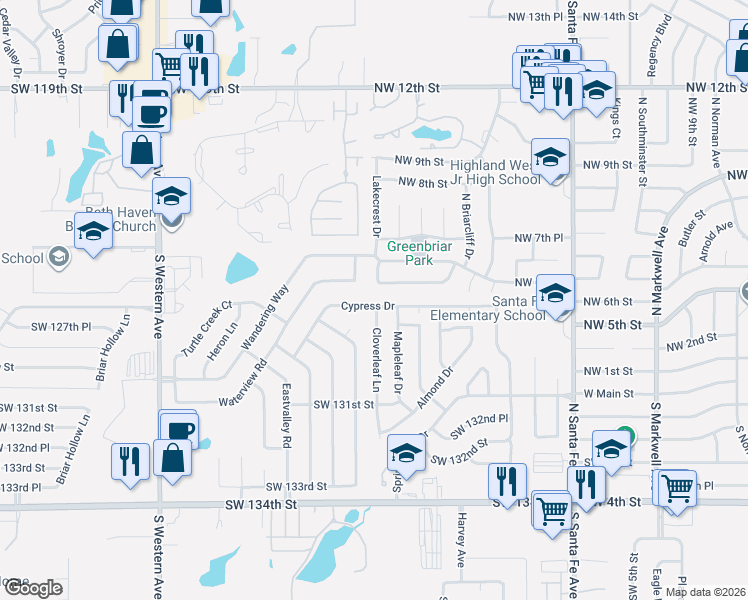 map of restaurants, bars, coffee shops, grocery stores, and more near 421 Cypress Drive in Oklahoma City