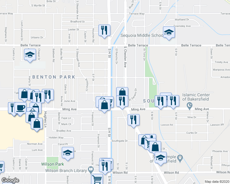 map of restaurants, bars, coffee shops, grocery stores, and more near 1417 El Rancho Drive in Bakersfield