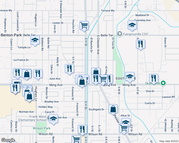 map of restaurants, bars, coffee shops, grocery stores, and more near 1417 El Rancho Drive in Bakersfield
