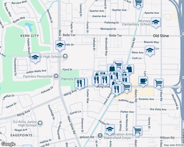 map of restaurants, bars, coffee shops, grocery stores, and more near 1414 Valhalla Drive in Bakersfield