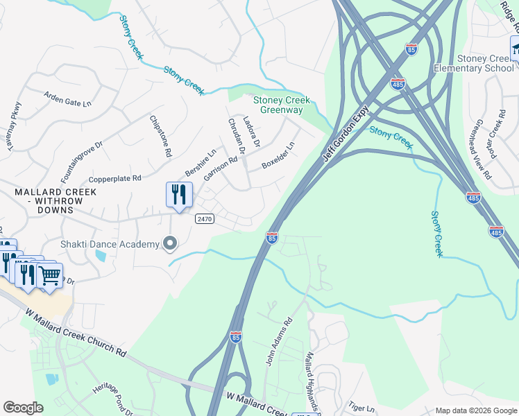 map of restaurants, bars, coffee shops, grocery stores, and more near 1121 Southern Sugar Drive in Charlotte