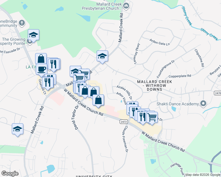map of restaurants, bars, coffee shops, grocery stores, and more near 3029 Azalea Hills Drive in Charlotte