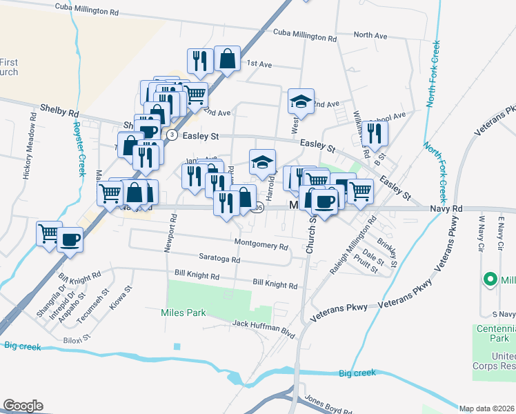 map of restaurants, bars, coffee shops, grocery stores, and more near 4877 Navy Road in Millington