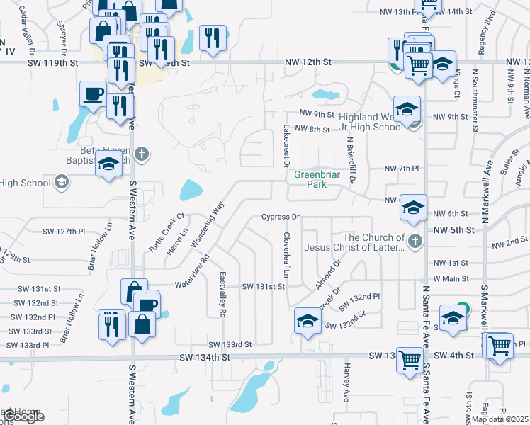 map of restaurants, bars, coffee shops, grocery stores, and more near 529 Cypress Drive in Oklahoma City
