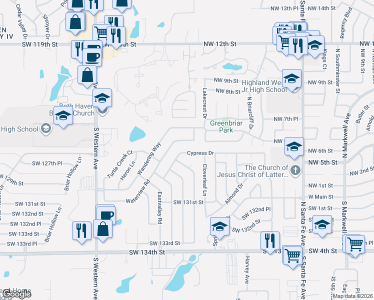 map of restaurants, bars, coffee shops, grocery stores, and more near 529 Cypress Drive in Oklahoma City
