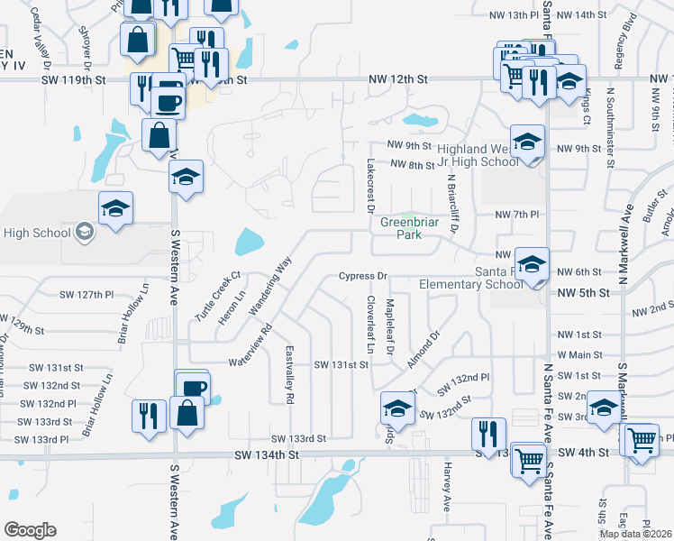 map of restaurants, bars, coffee shops, grocery stores, and more near 529 Cypress Drive in Oklahoma City