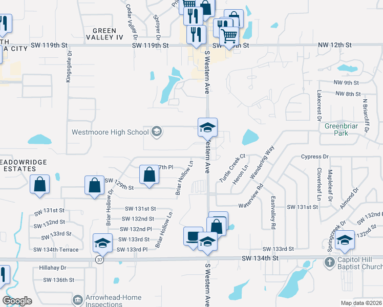 map of restaurants, bars, coffee shops, grocery stores, and more near 1001 Southwest 126th Street in Oklahoma City