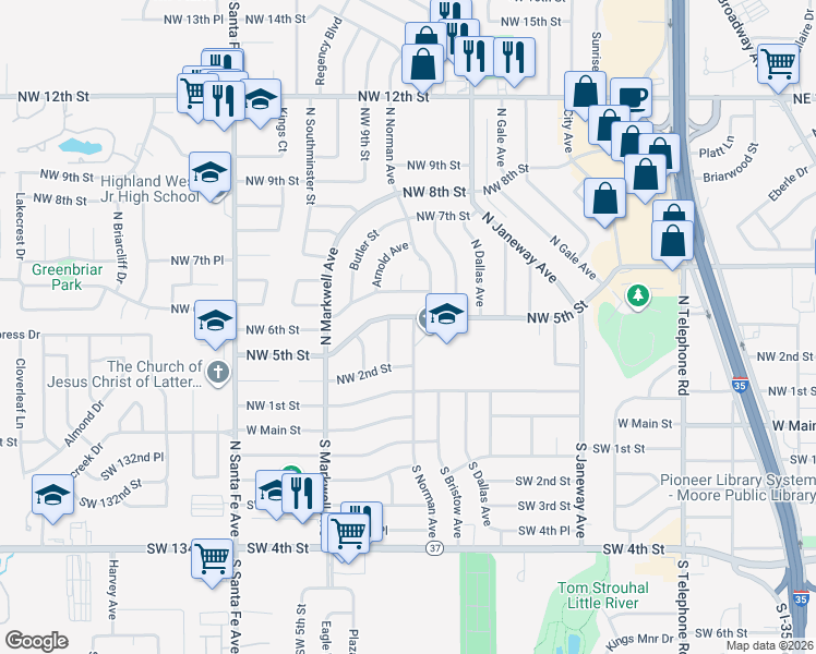 map of restaurants, bars, coffee shops, grocery stores, and more near 508 Arnold Avenue in Moore