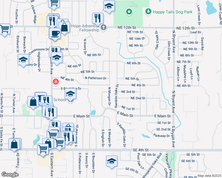 map of restaurants, bars, coffee shops, grocery stores, and more near 408 North Morgan Drive in Moore