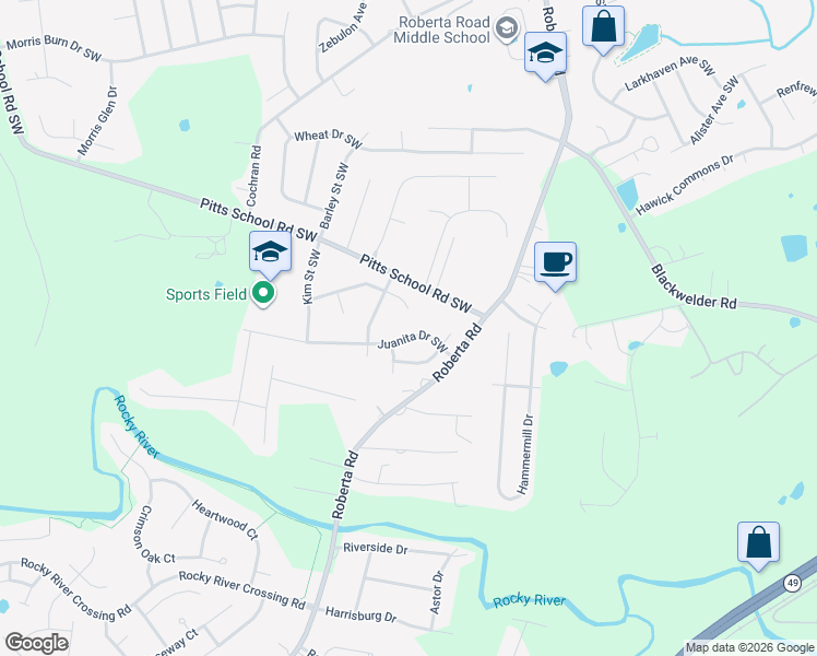 map of restaurants, bars, coffee shops, grocery stores, and more near 851 Juanita Drive Southwest in Concord