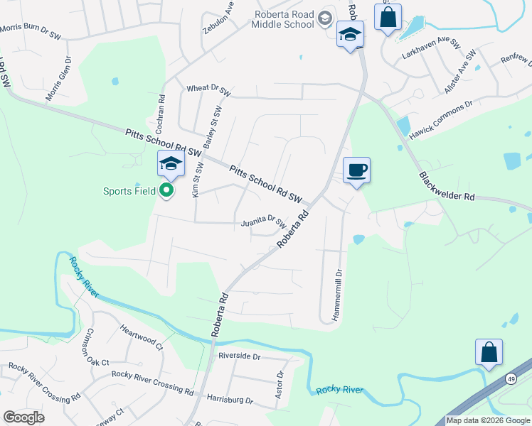 map of restaurants, bars, coffee shops, grocery stores, and more near 851 Juanita Drive Southwest in Concord