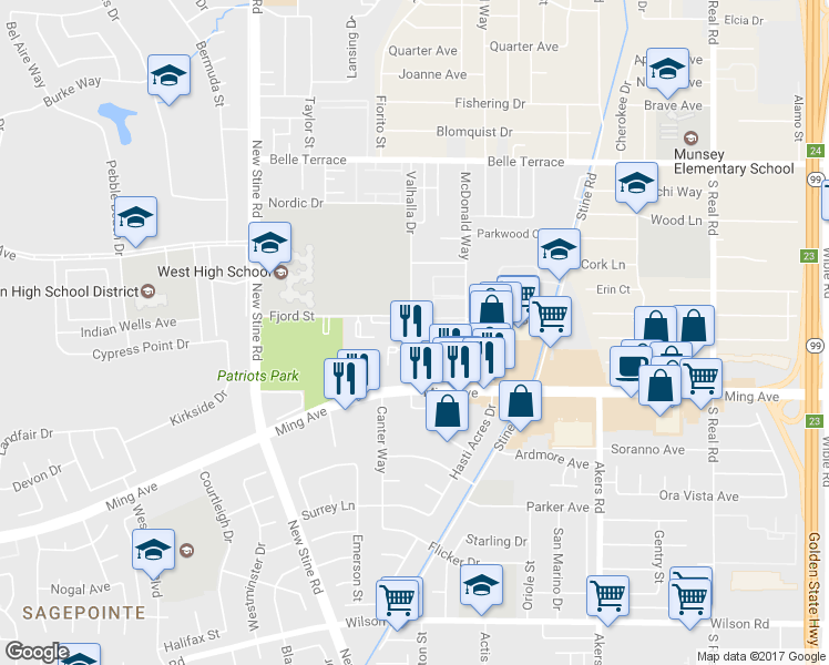 map of restaurants, bars, coffee shops, grocery stores, and more near 1414 Valhalla Drive in Bakersfield