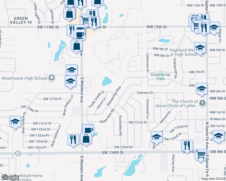 map of restaurants, bars, coffee shops, grocery stores, and more near 705 Turtle Creek Road in Oklahoma City