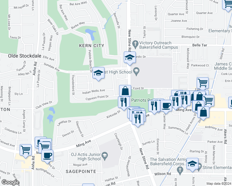 map of restaurants, bars, coffee shops, grocery stores, and more near 1508 Yorba Linda Street in Bakersfield
