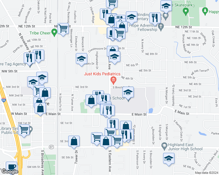 map of restaurants, bars, coffee shops, grocery stores, and more near 329 North Eastern Avenue in Moore