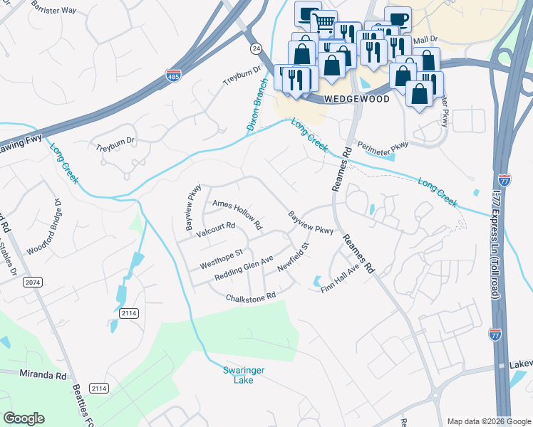 map of restaurants, bars, coffee shops, grocery stores, and more near 9115 Old Ash Court in Charlotte