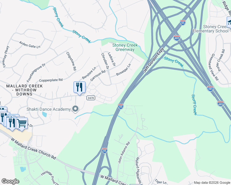 map of restaurants, bars, coffee shops, grocery stores, and more near 1121 Southern Sugar Drive in Charlotte