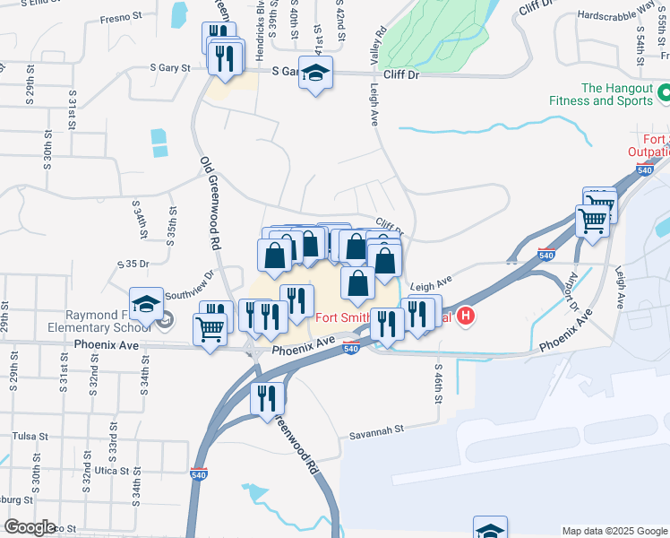 map of restaurants, bars, coffee shops, grocery stores, and more near 4001 Phoenix Avenue in Fort Smith