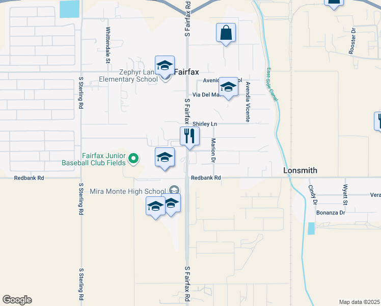 map of restaurants, bars, coffee shops, grocery stores, and more near 1505 South Fairfax Road in Bakersfield