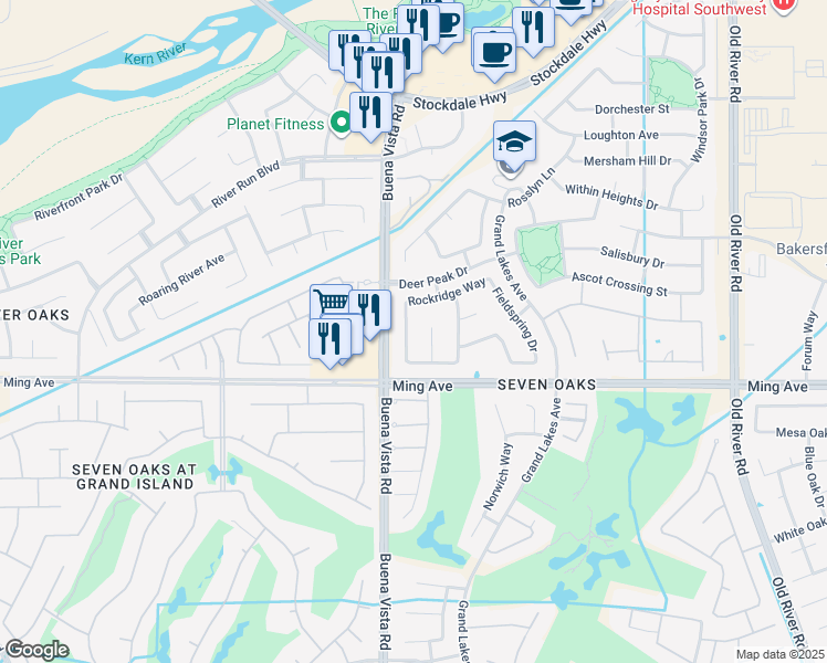 map of restaurants, bars, coffee shops, grocery stores, and more near 1508 Wedgewood Drive in Bakersfield