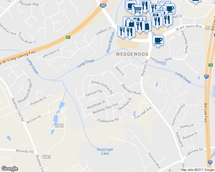 map of restaurants, bars, coffee shops, grocery stores, and more near 9226 Ames Hollow Road in Charlotte