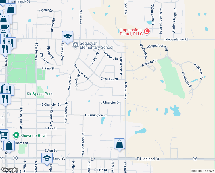 map of restaurants, bars, coffee shops, grocery stores, and more near 56 Sequoyah Boulevard in Shawnee