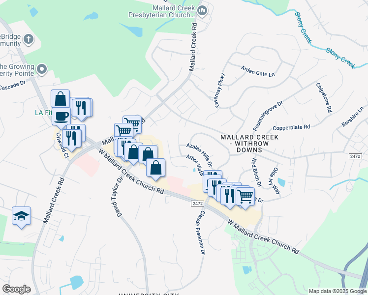 map of restaurants, bars, coffee shops, grocery stores, and more near 3029 Azalea Hills Drive in Charlotte