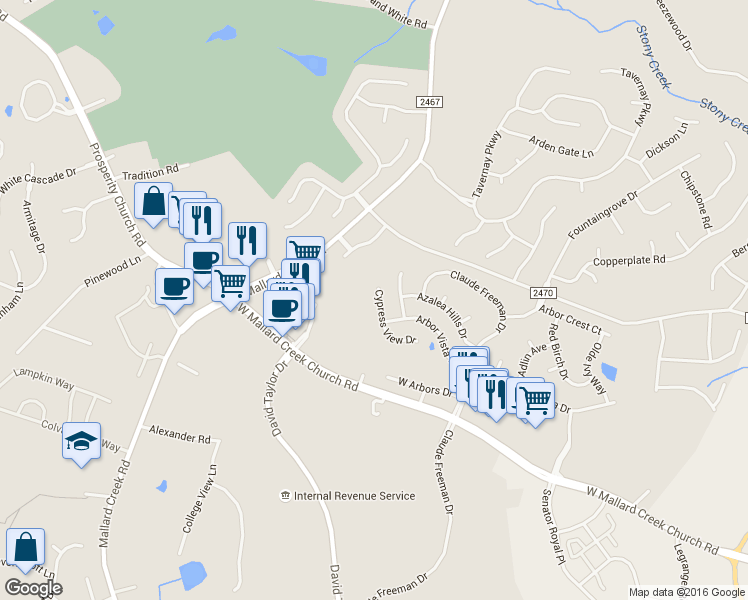 map of restaurants, bars, coffee shops, grocery stores, and more near 11118 Cypress View Dr in Charlotte