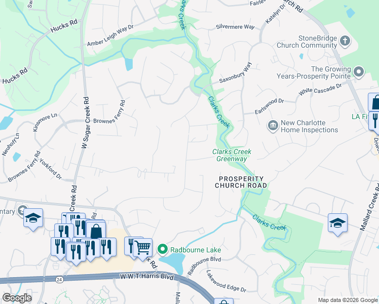 map of restaurants, bars, coffee shops, grocery stores, and more near 12324 Mallard Ridge Drive in Charlotte