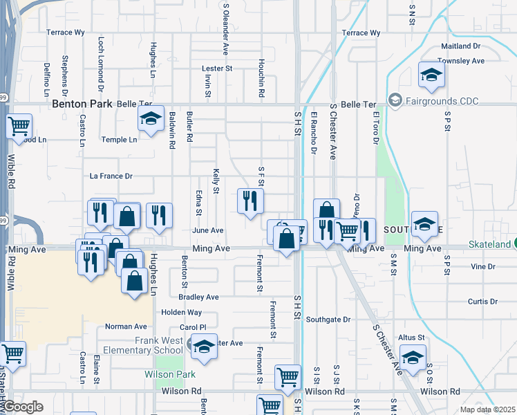 map of restaurants, bars, coffee shops, grocery stores, and more near 1900 Talisman Drive in Bakersfield