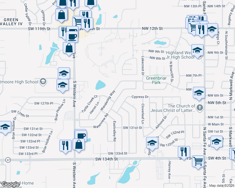 map of restaurants, bars, coffee shops, grocery stores, and more near 617 Waterview Road in Oklahoma City