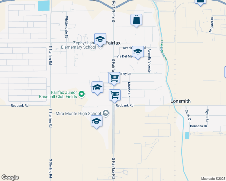 map of restaurants, bars, coffee shops, grocery stores, and more near 1505 South Fairfax Road in Bakersfield