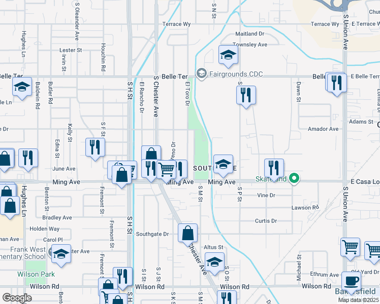map of restaurants, bars, coffee shops, grocery stores, and more near 1416 El Toro Drive in Bakersfield