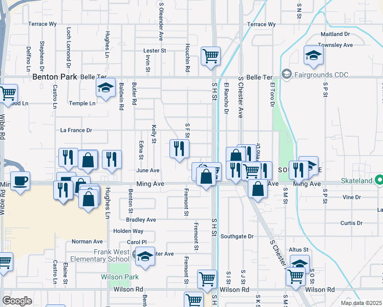 map of restaurants, bars, coffee shops, grocery stores, and more near 1900 Talisman Drive in Bakersfield