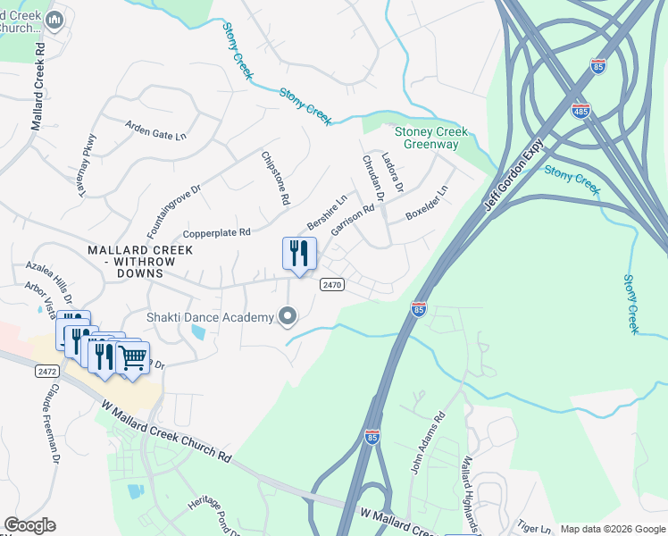 map of restaurants, bars, coffee shops, grocery stores, and more near 1500 Galloway Road in Charlotte