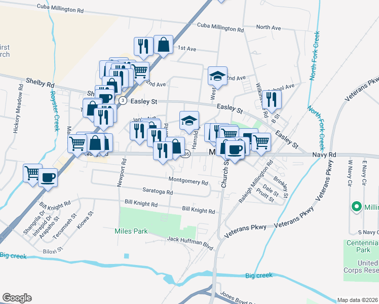 map of restaurants, bars, coffee shops, grocery stores, and more near 4877 Navy Road in Millington