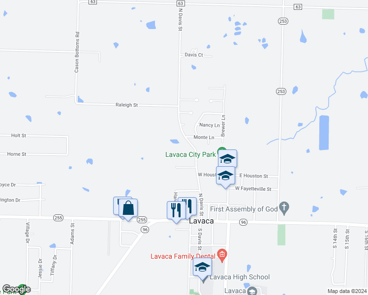 map of restaurants, bars, coffee shops, grocery stores, and more near 702 Ithaca Street in Lavaca